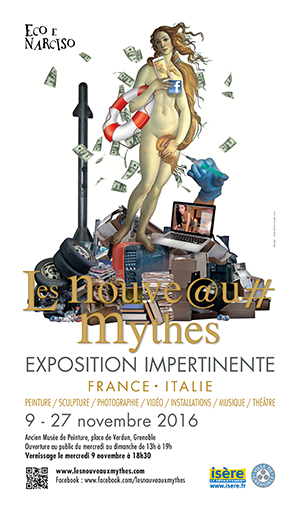 Affiche alternative de l'exposition "Les nouveaux mythes", 2016 à Grenoble. Commissariat Rossella Genovese.